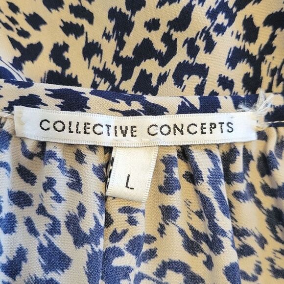 COLLECTIVE CONCEPTS Blue Beige Animal Print Button Up Loose Flowy Blouse sz L - Picture 10 of 11
